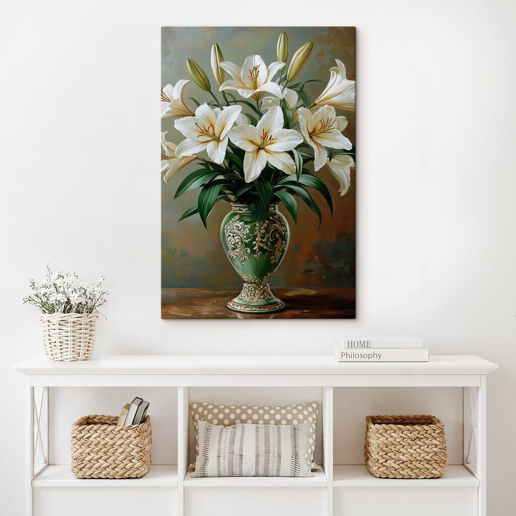 Painting of a vase of white flowers Painting of a vase of white flowers