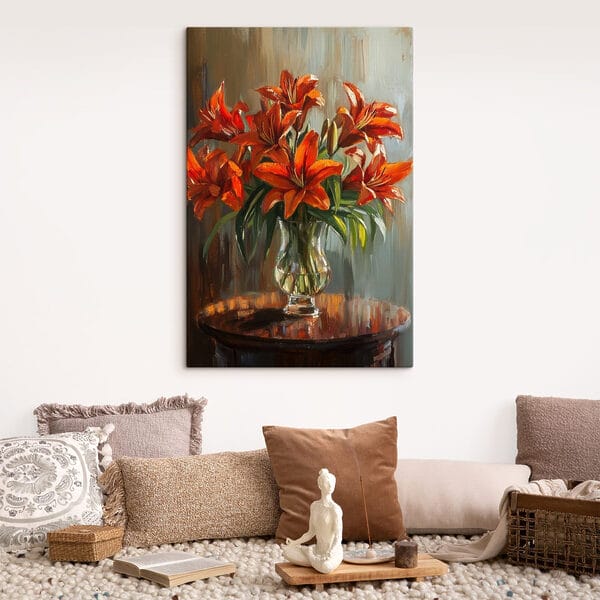 Painting of orange flowers in a glass vase Painting of orange flowers in a glass vase