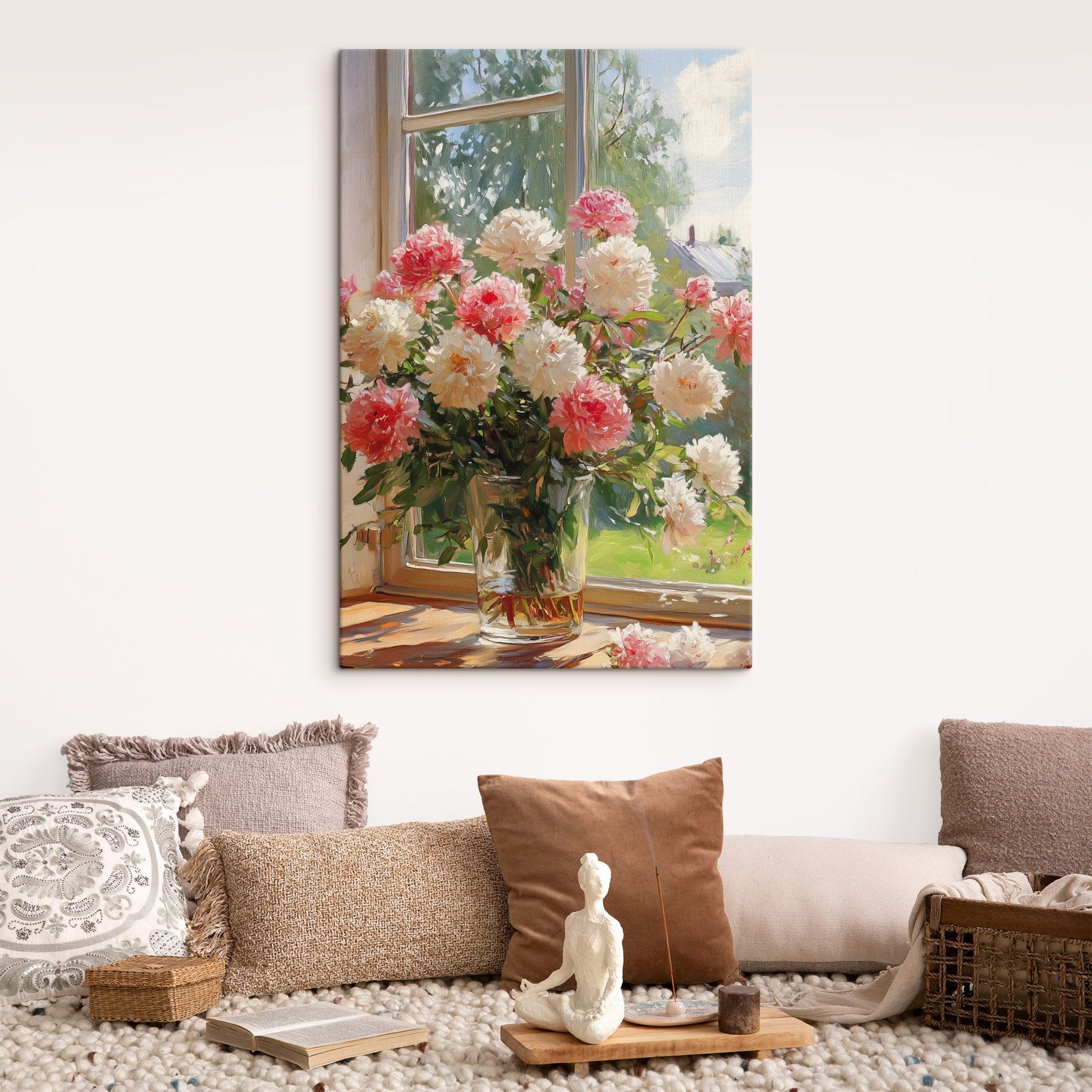 Vase of flowers in front of a window