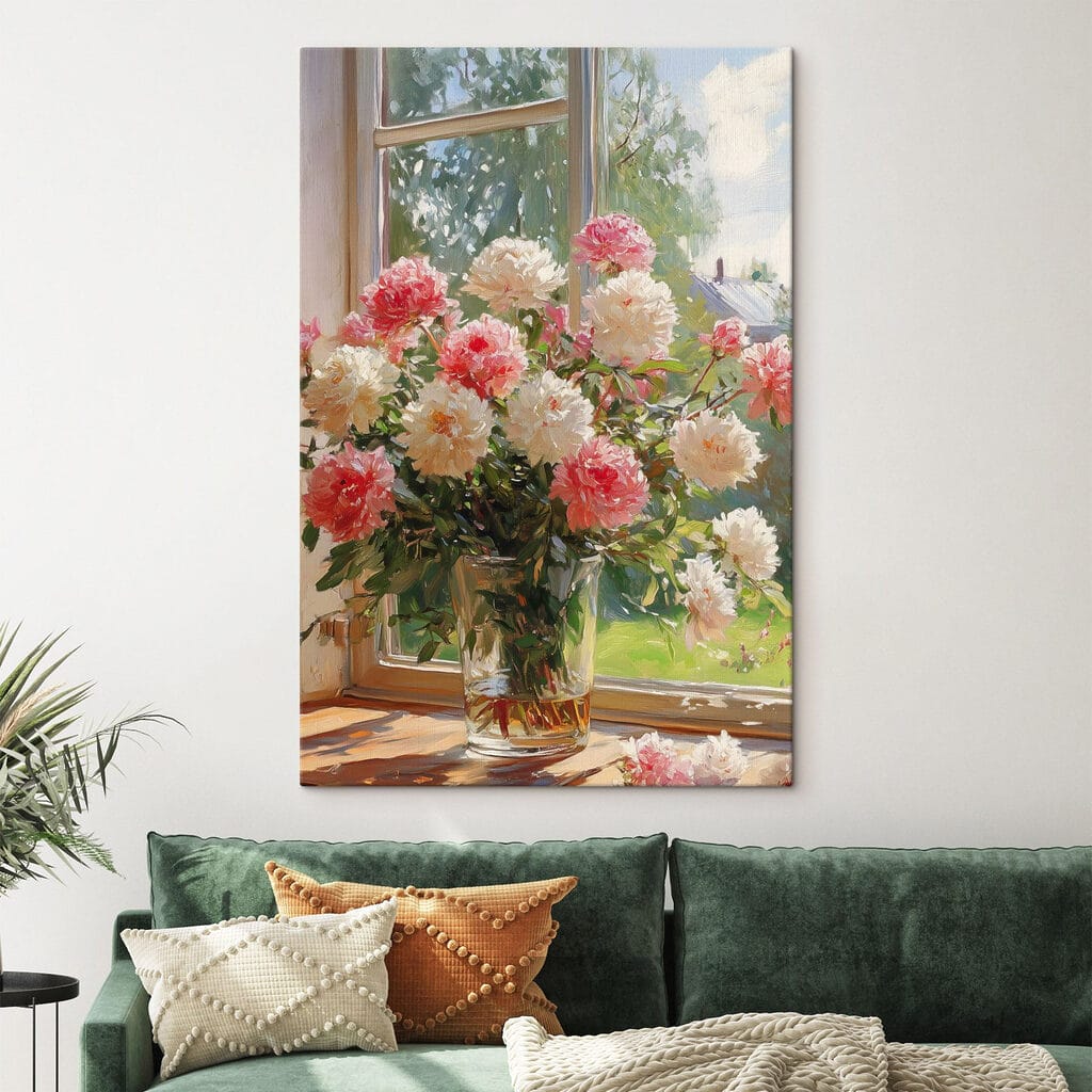 Vase of flowers in front of a window