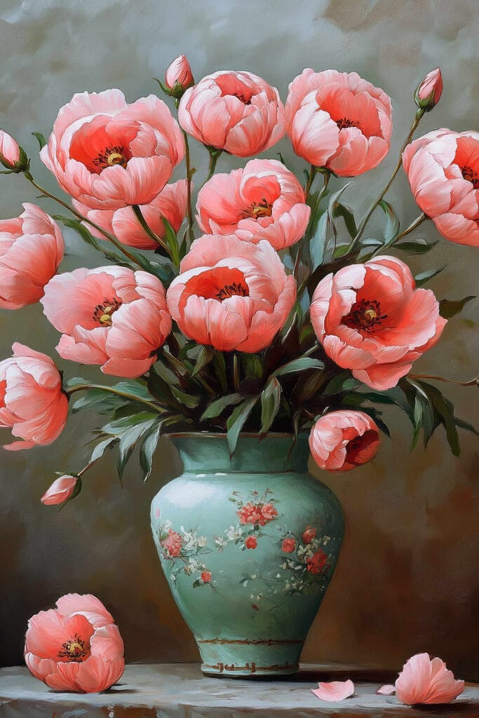 Painting of pink flowers in a vase
