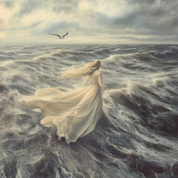 Woman in a white dress running through the waves Woman in a white dress running through the waves