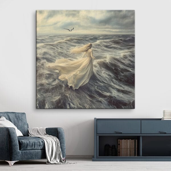 Woman in a white dress running through the waves Woman in a white dress running through the waves