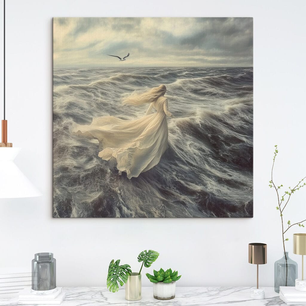 Woman in a white dress running through the waves Woman in a white dress running through the waves
