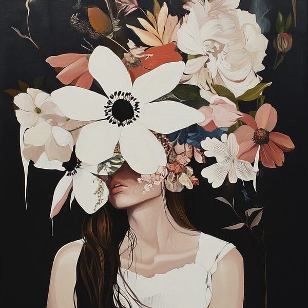 Painting of a woman with flowers on her face Painting of a woman with flowers on her face
