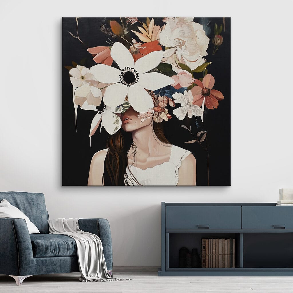 Painting of a woman with flowers on her face Painting of a woman with flowers on her face