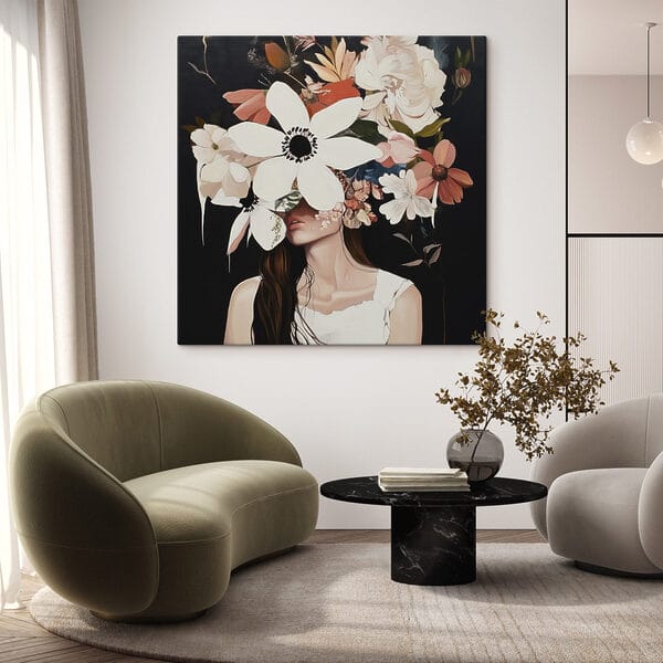 Painting of a woman with flowers on her face Painting of a woman with flowers on her face