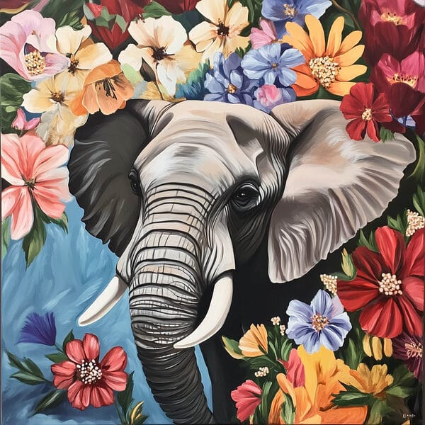 An elephant with tusks in a flower garden An elephant with tusks in a flower garden