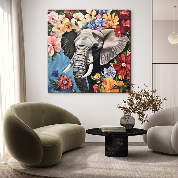 An elephant with tusks in a flower garden An elephant with tusks in a flower garden