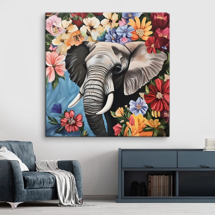 An elephant with tusks in a flower garden An elephant with tusks in a flower garden
