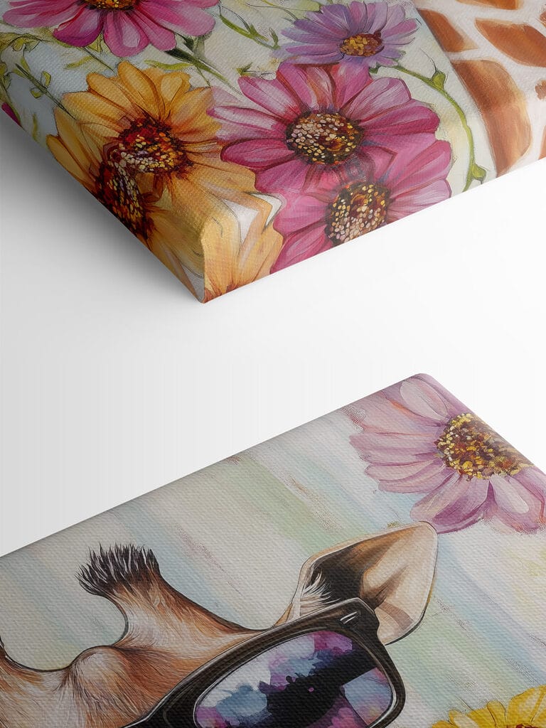 Giraffe wearing sunglasses and flowers