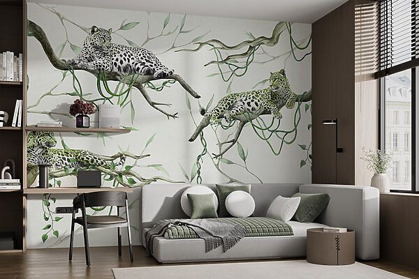 Group of leopards lying on branches