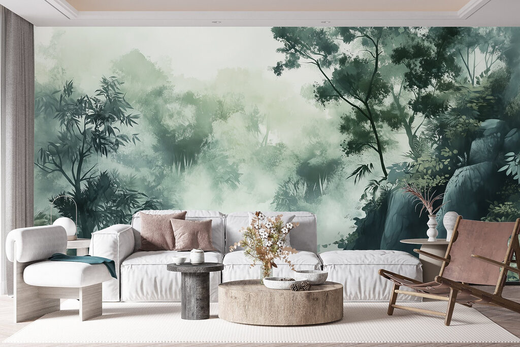 Foggy forest with trees and rocks Foggy forest with trees and rocks