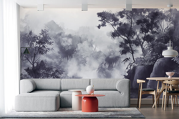 Foggy forest with trees and rocks