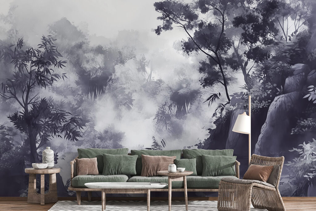 Foggy forest with trees and rocks