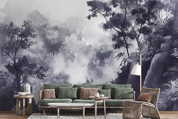 Foggy forest with trees and rocks