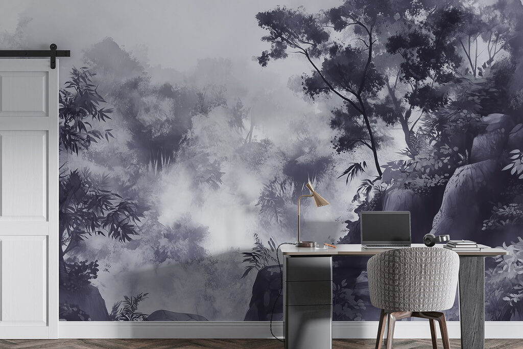 Foggy forest with trees and rocks