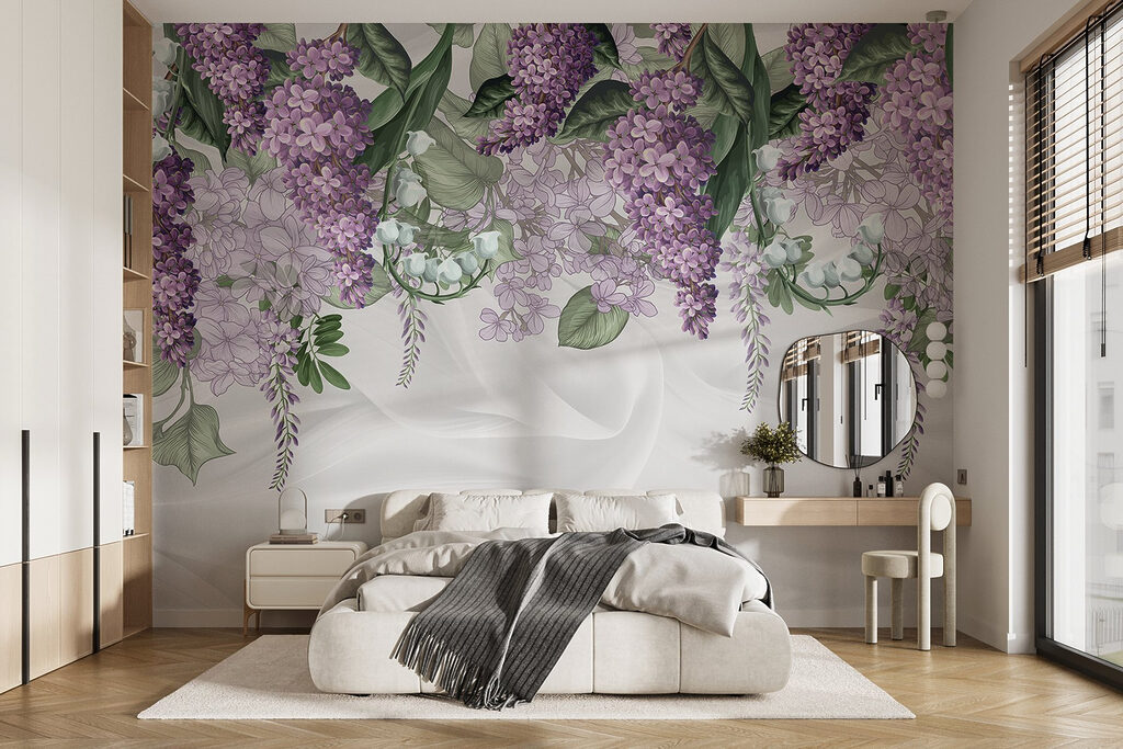 Lavender blooms on soft fabric background