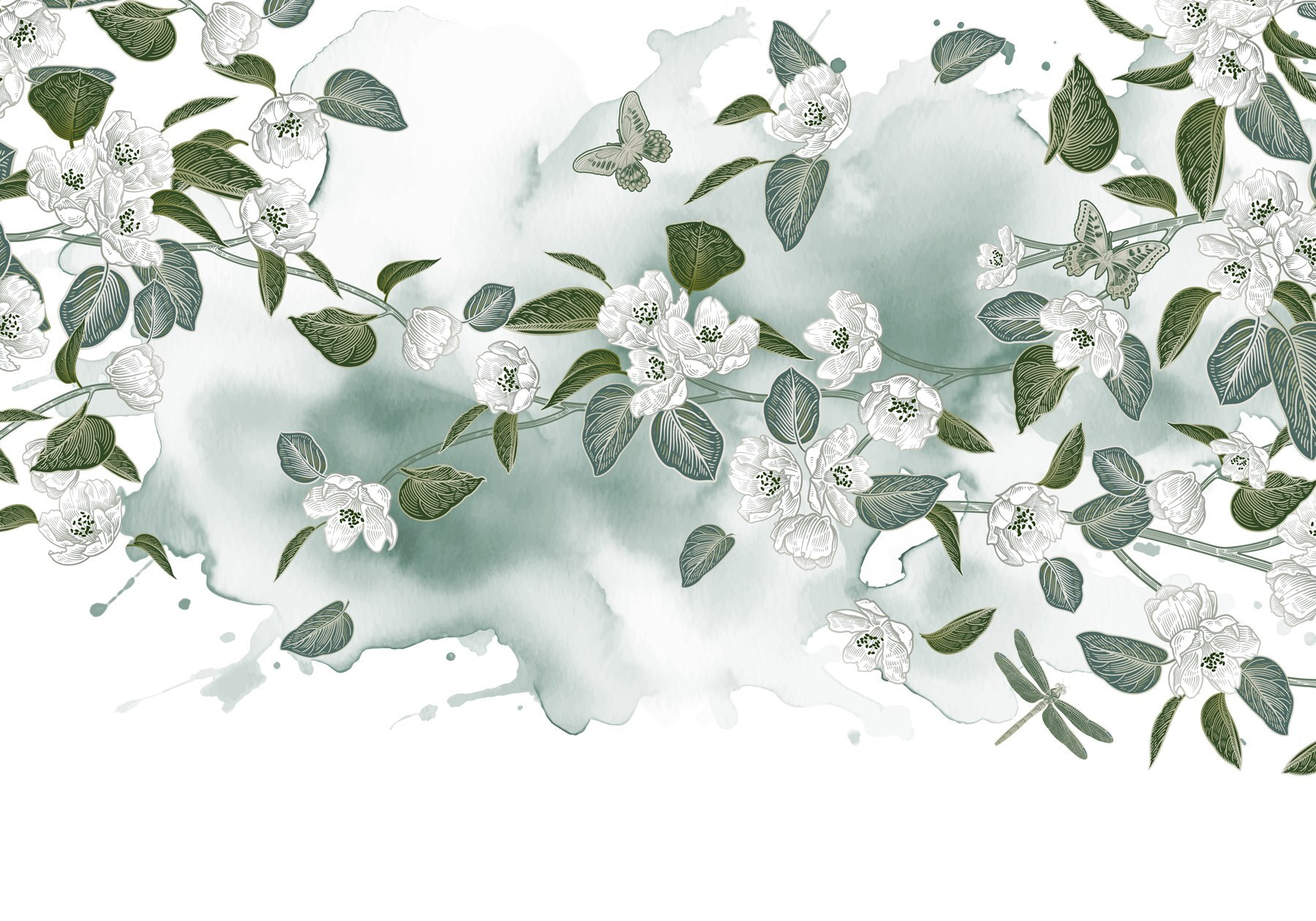 White flowers and green leaves on a white background White flowers and green leaves on a white background
