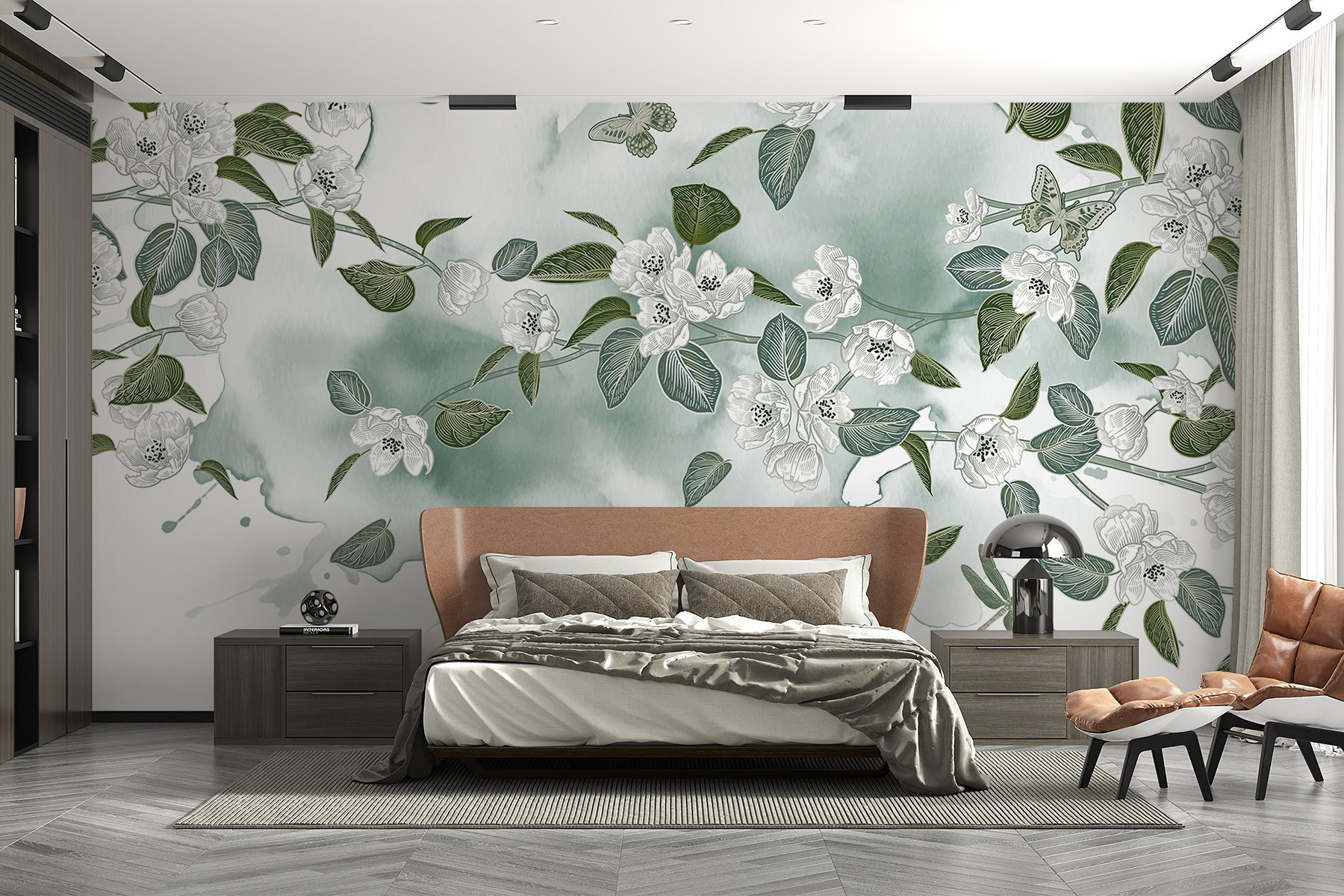 White flowers and green leaves on a white background White flowers and green leaves on a white background