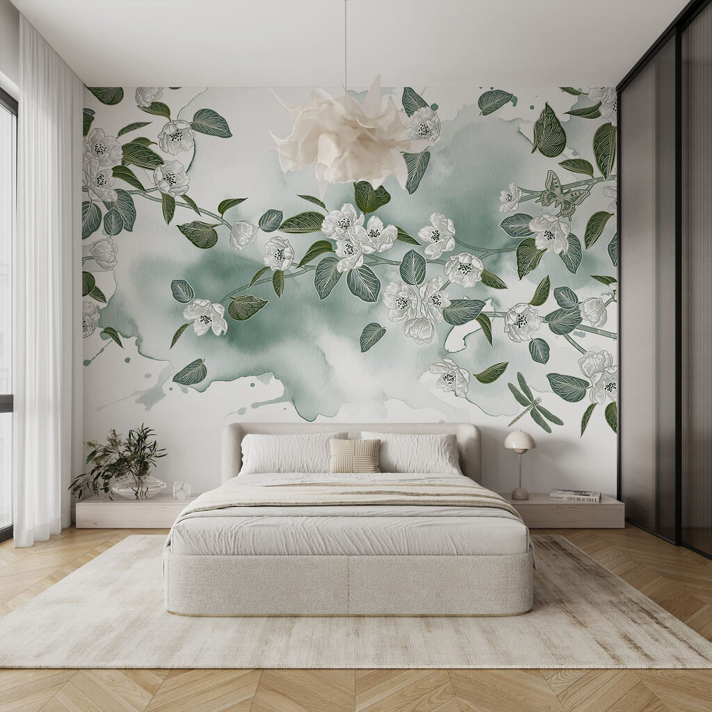 White flowers and green leaves on a white background White flowers and green leaves on a white background