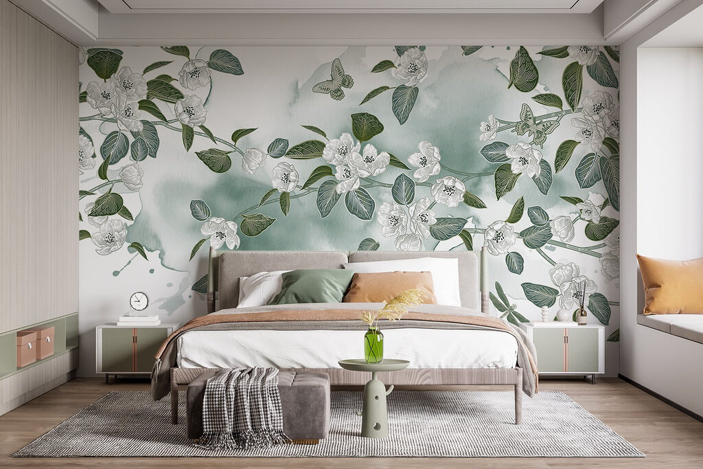 White flowers and green leaves on a white background White flowers and green leaves on a white background