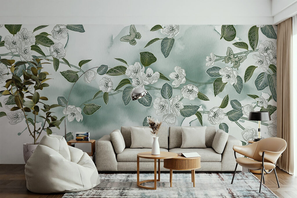 White flowers and green leaves on a white background White flowers and green leaves on a white background