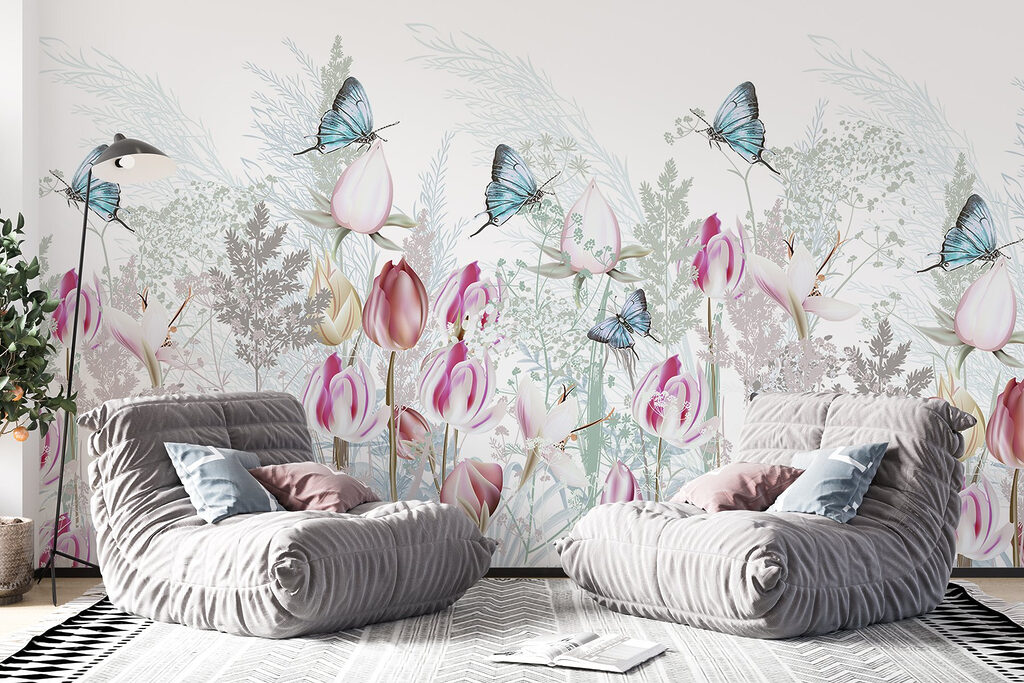 Fluttering butterflies among blooming flowers Fluttering butterflies among blooming flowers