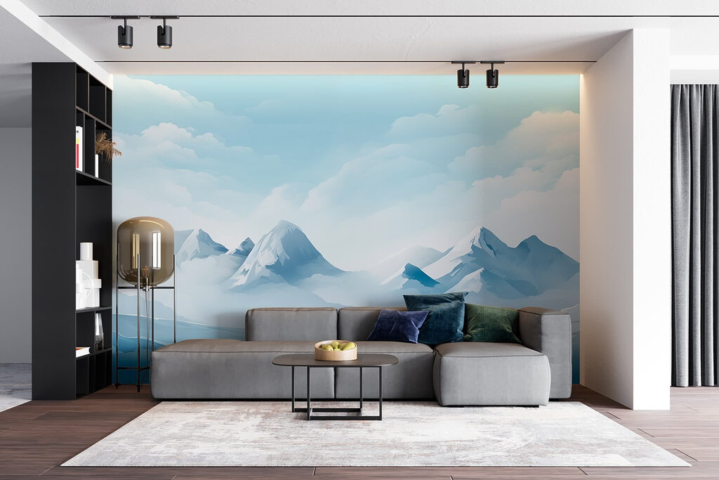 Snowy mountain range with clouds