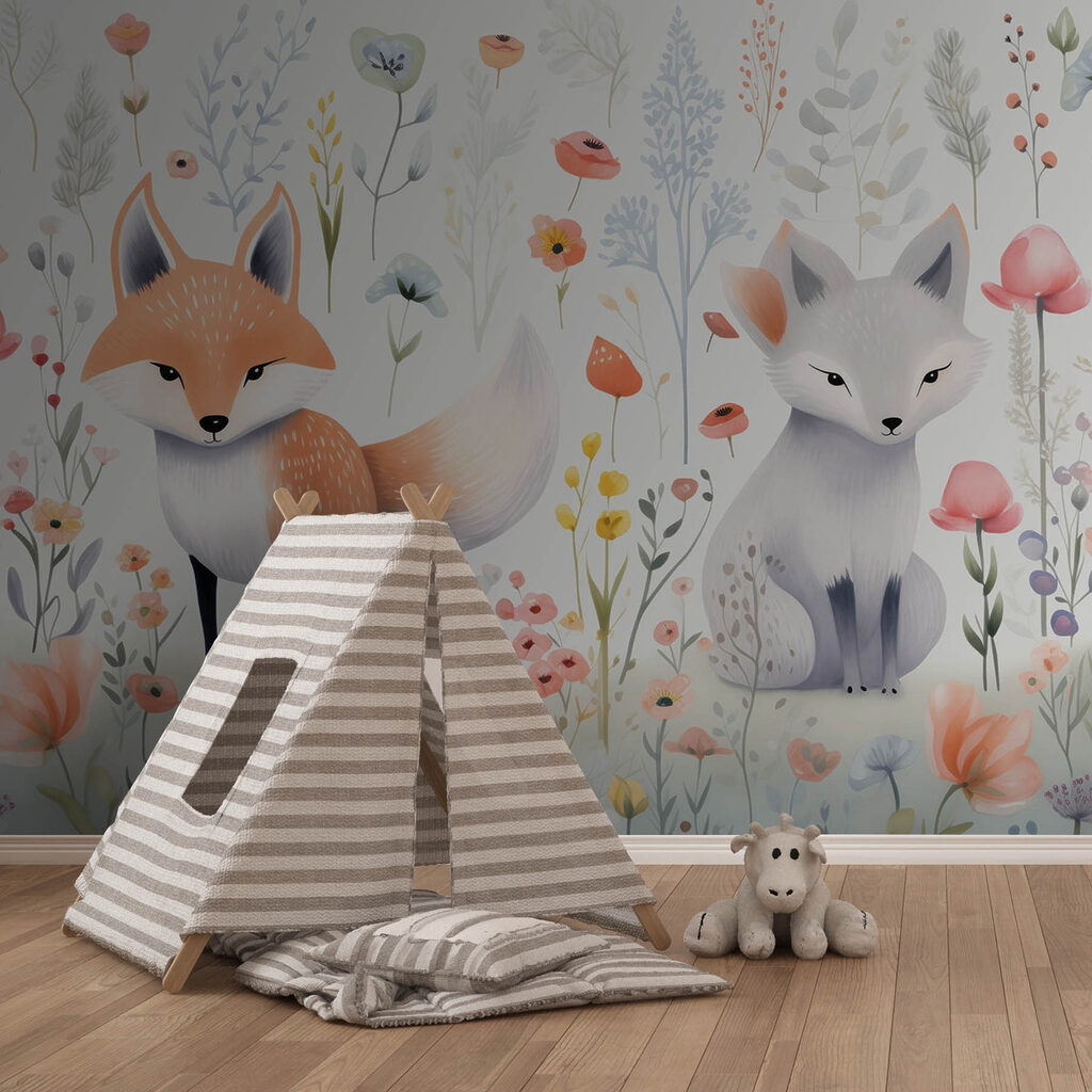 Couple of foxes in a flower garden Couple of foxes in a flower garden