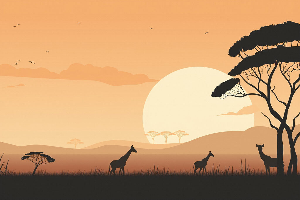 Giraffes walking in a grassy field with trees and a sunset