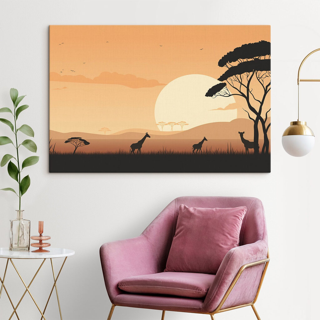 Giraffes walking in a grassy field with trees and a sunset