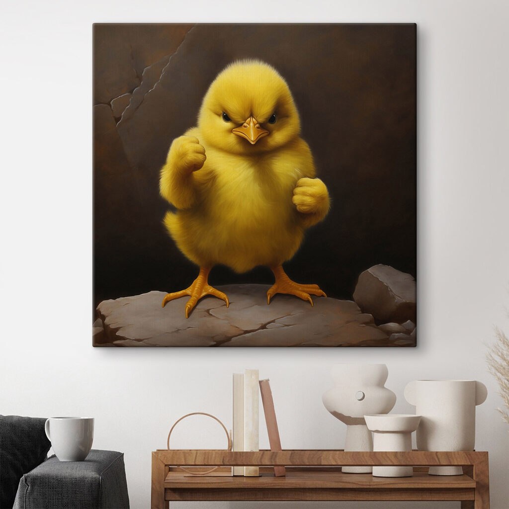 Yellow chick standing on a rock
