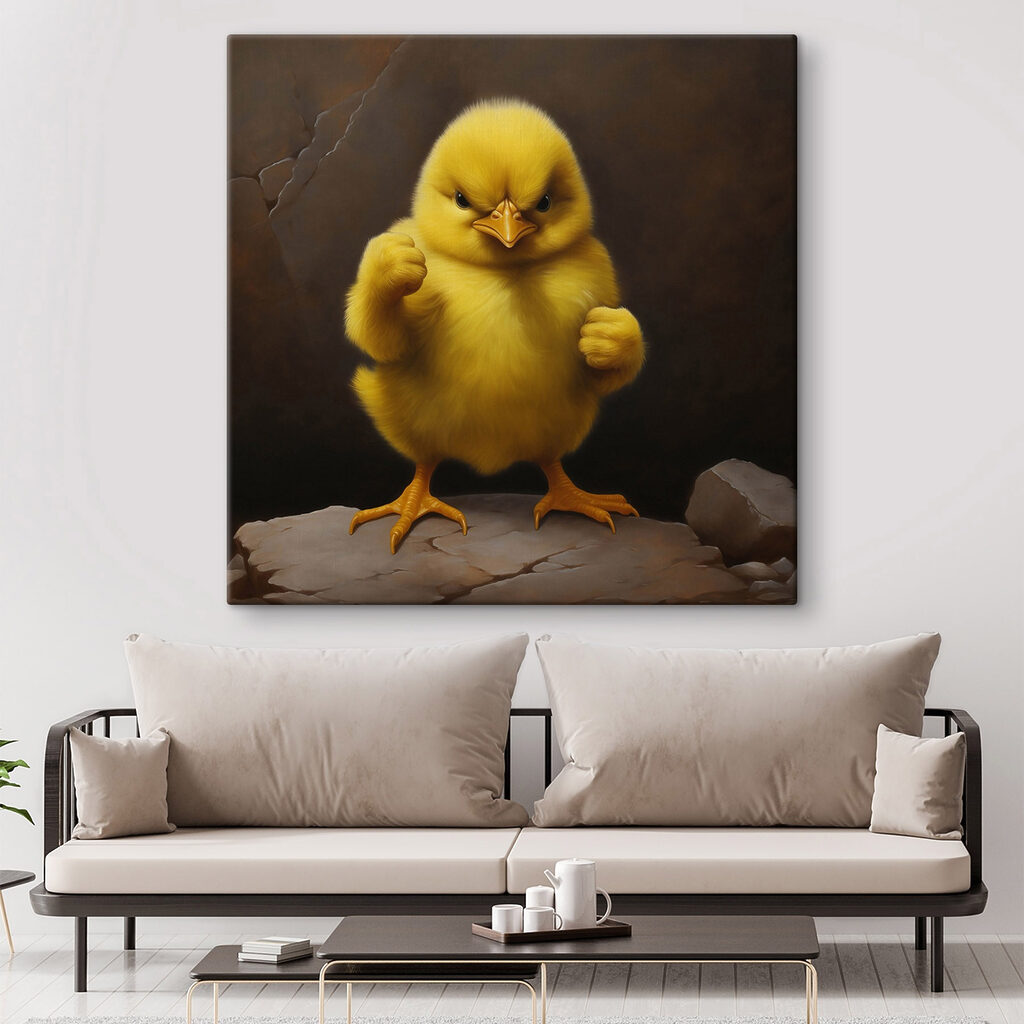 Yellow chick standing on a rock