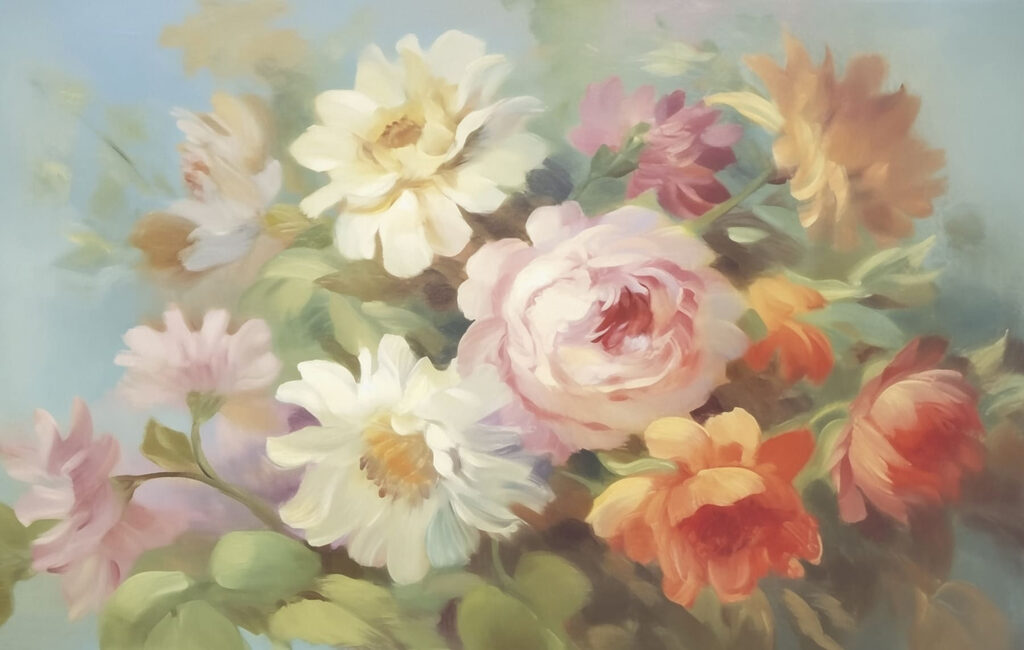 Painting of flowers on a blue background