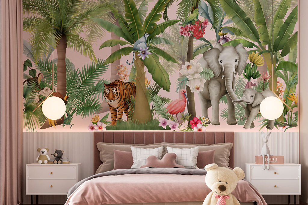 Wallpaper with animals and trees