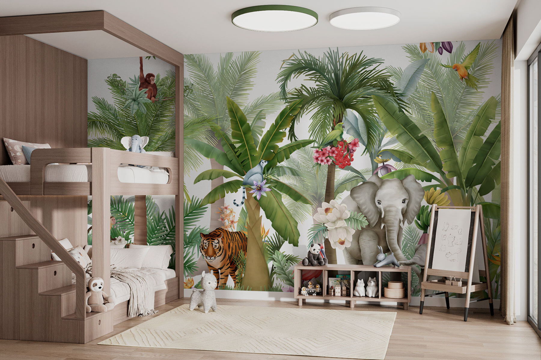 Wallpaper with animals and birds in the jungle