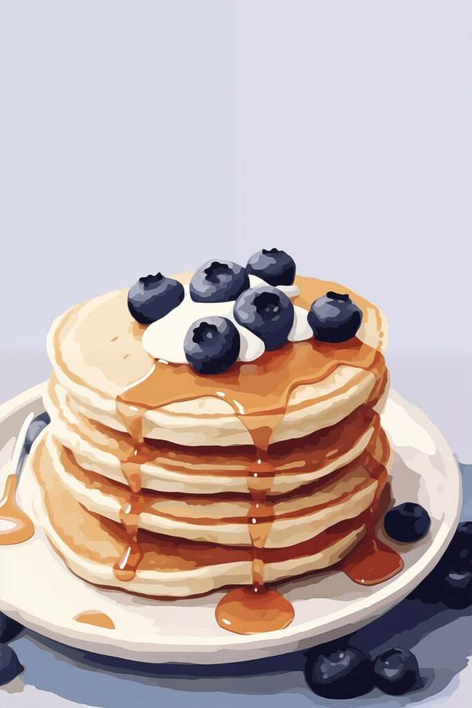Stack of pancakes with blueberries and syrup on top