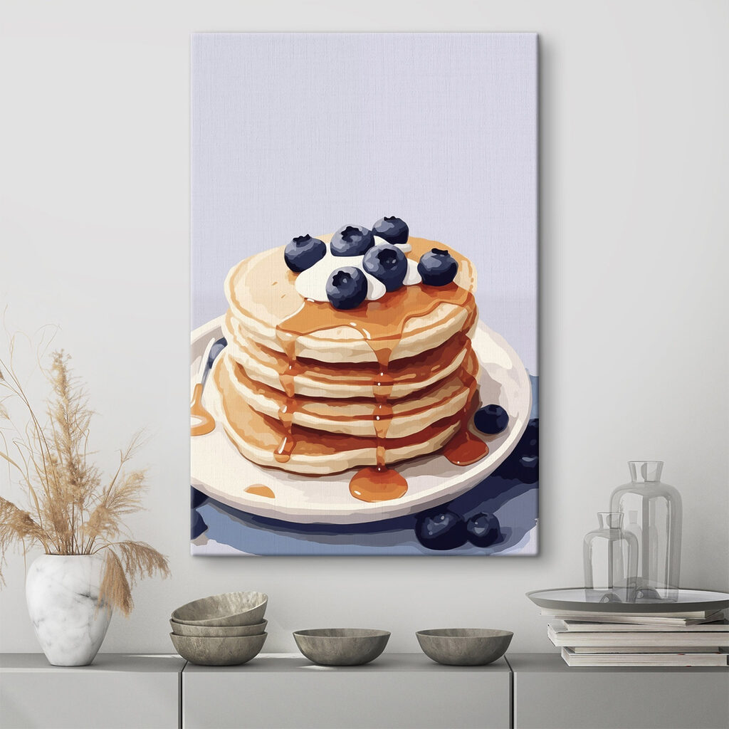 Stack of pancakes with blueberries and syrup on top