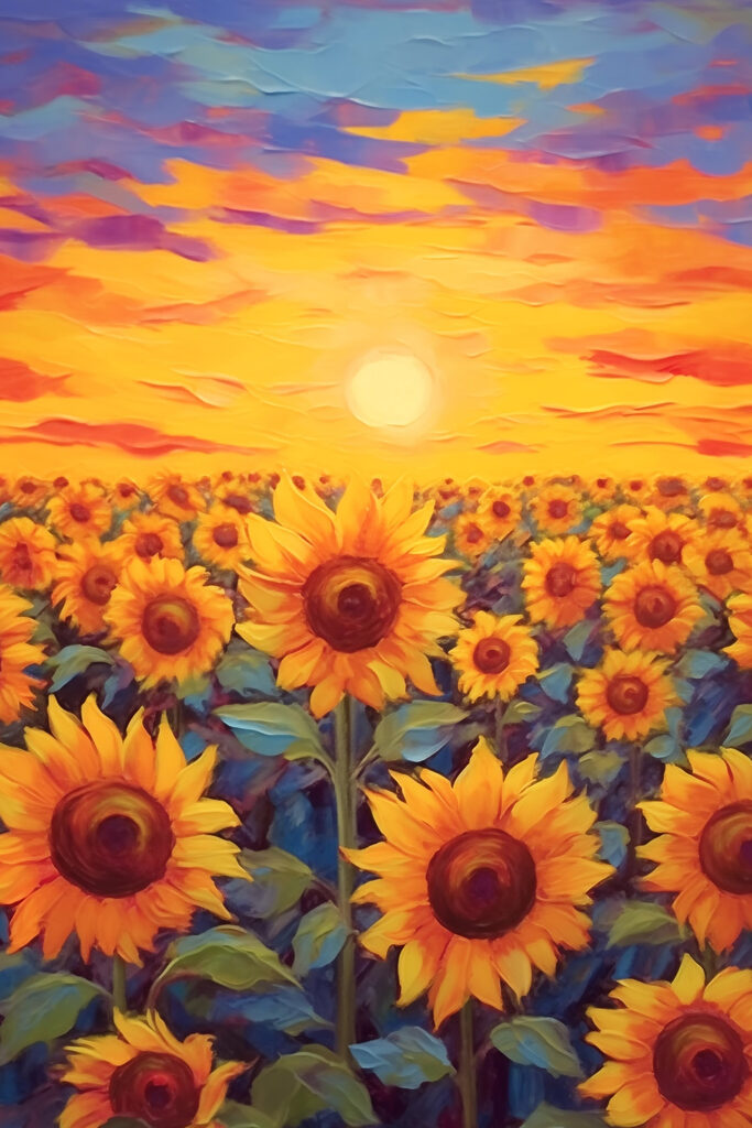 Painting of sunflowers in a field