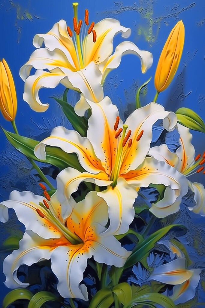 Vibrant lilies against a blue background