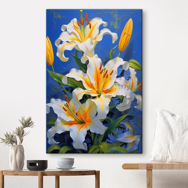 Vibrant lilies against a blue background Vibrant lilies against a blue background