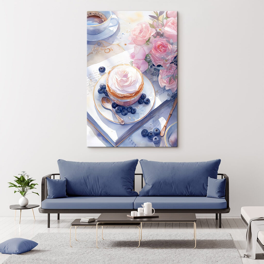 Watercolor painting of a dessert with a rose on top of a plate with blueberries and a spoon