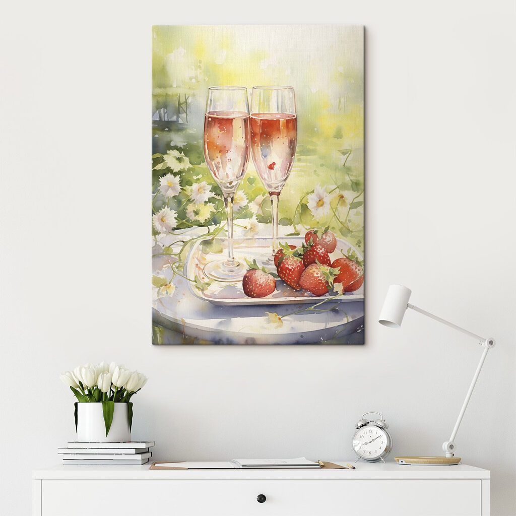 Watercolor painting of two glasses of champagne and strawberries on a tray