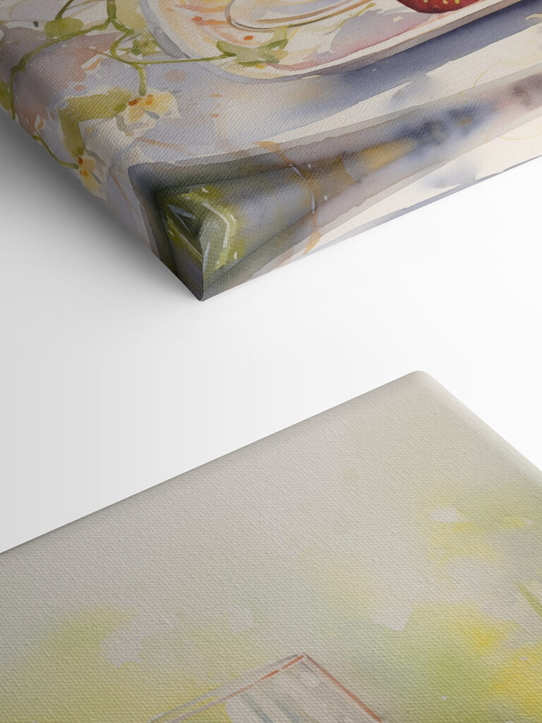 Watercolor painting of two glasses of champagne and strawberries on a tray