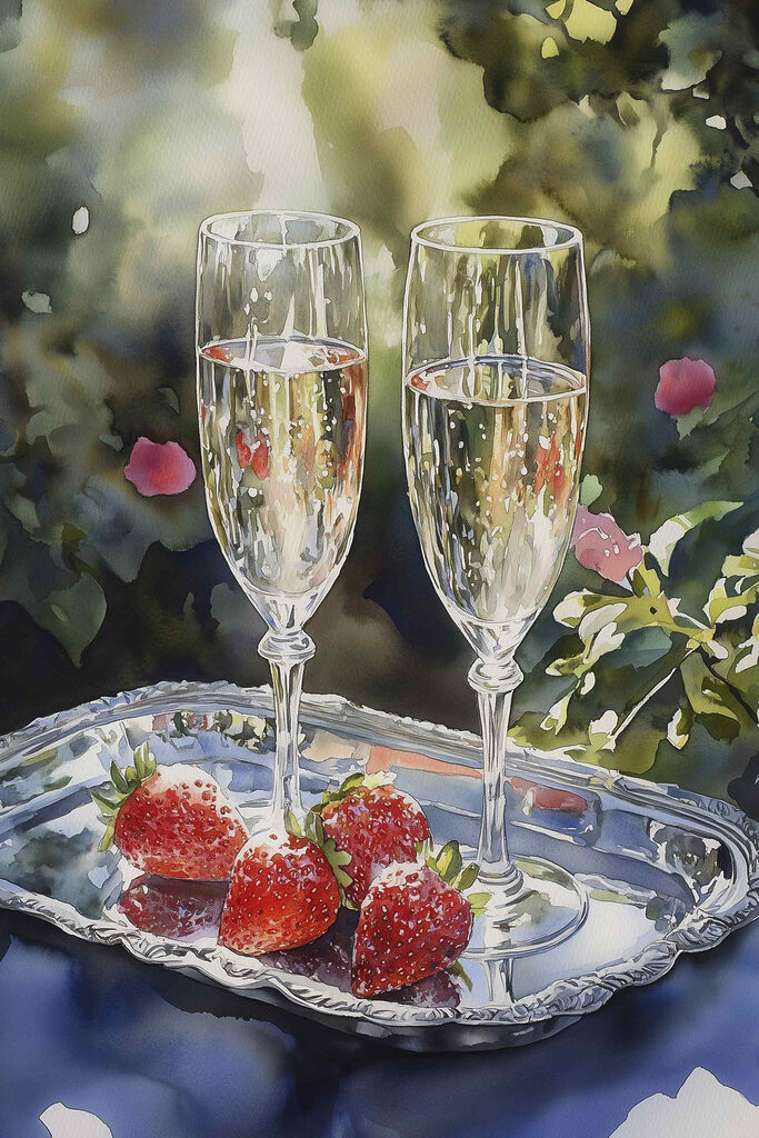 Two glasses of champagne and strawberries on a tray