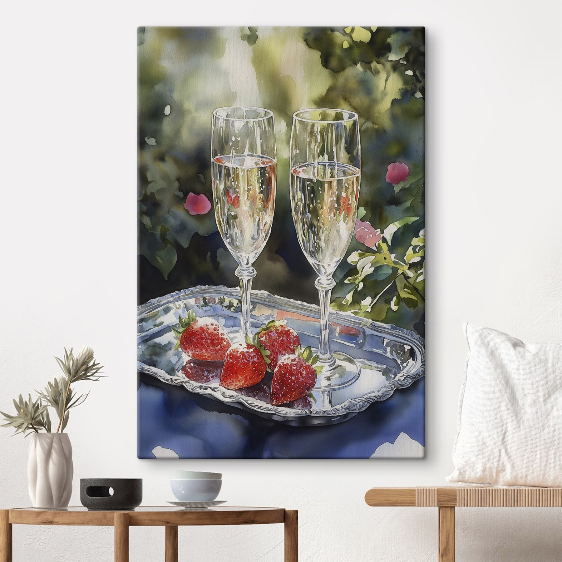 Two glasses of champagne and strawberries on a tray