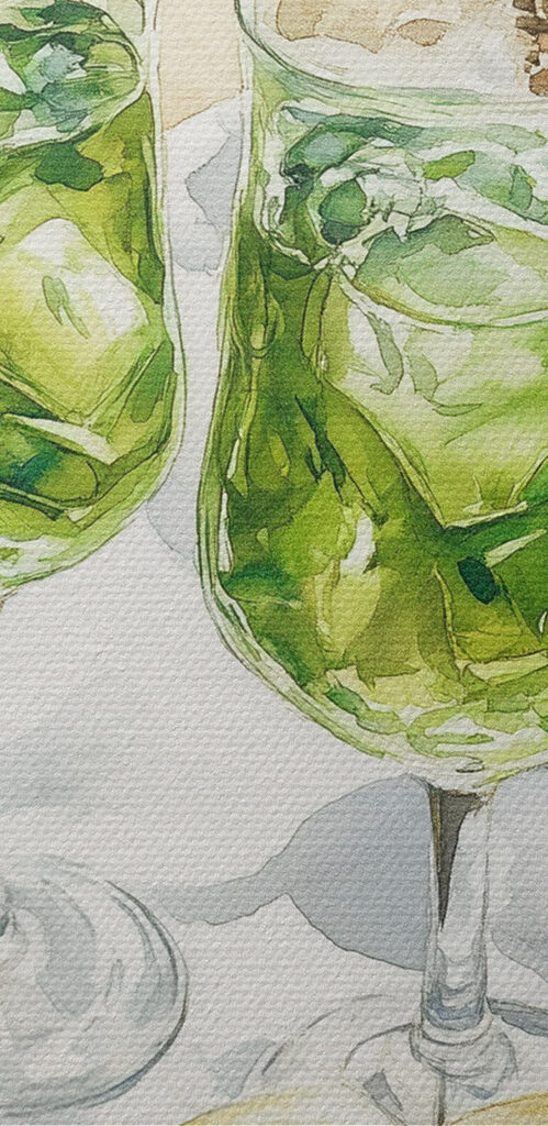 Watercolor of two glasses of wine next to a picnic basket and a book