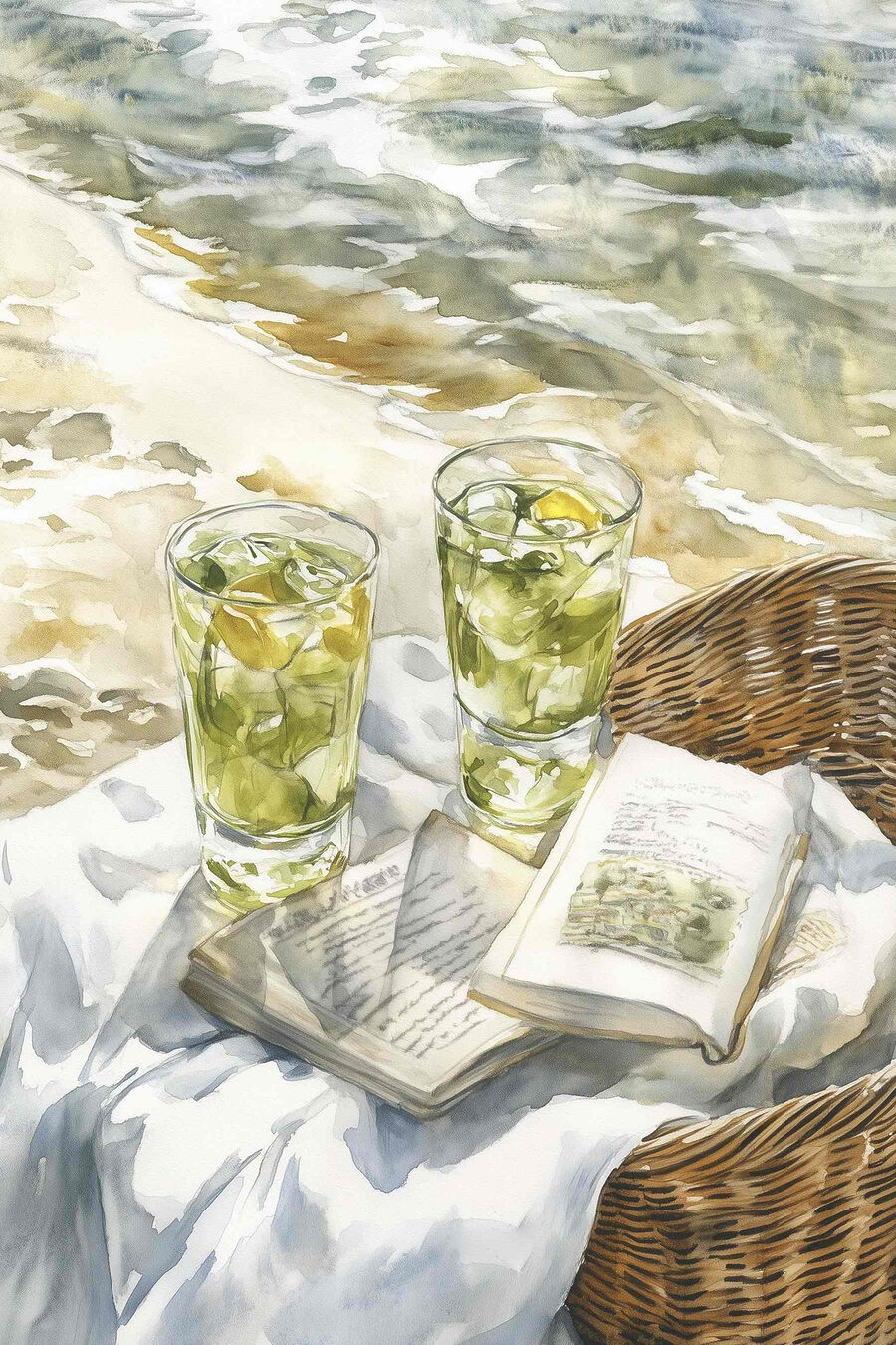 Акварельний малюнок двох склянок холодного чаю та книги на ковдрі на пляжі
