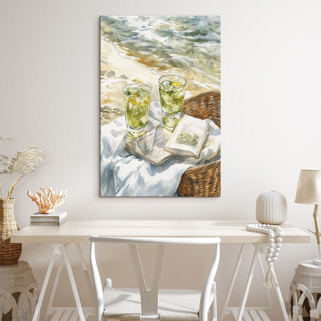 Watercolor painting of two glasses of ice tea and a book on a blanket on a beach